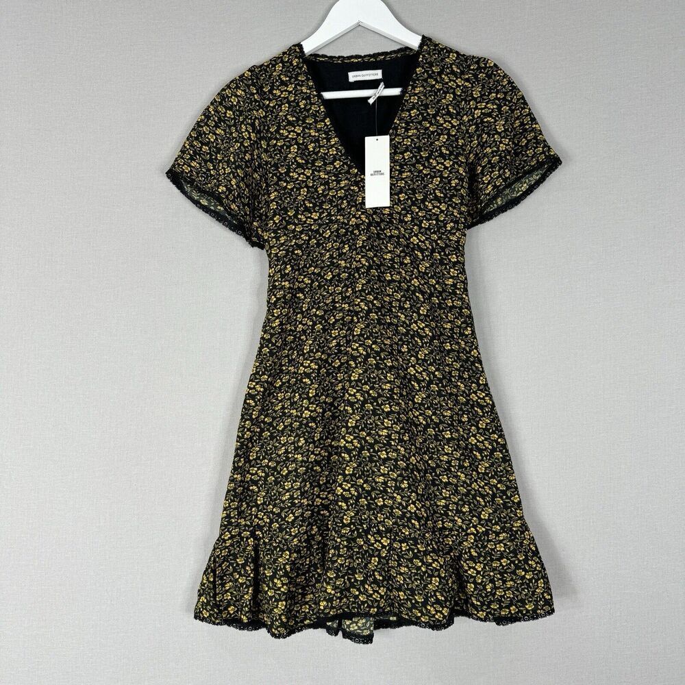 Urban Outfitters Women Dress Extra Small Black Newport Micro Floral Fairy Grunge - Picture 1 of 15